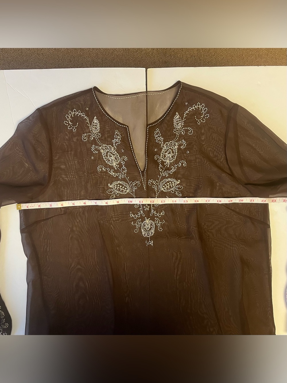 Embroidered Sheer Brown Women's Blouse Swimsuit Coverup Boho Fairy Festival - Picture 4 of 9